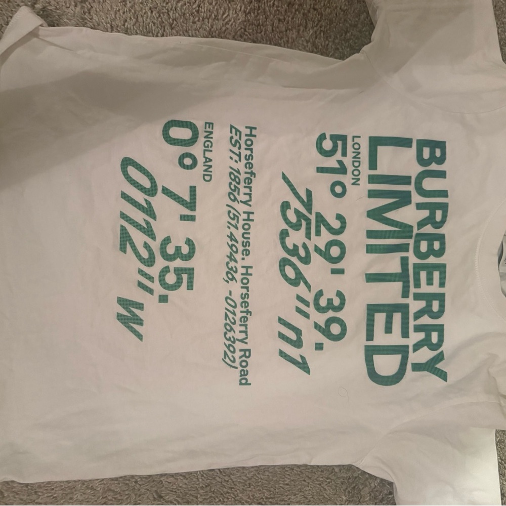 Burberry White T-Shirt with Teal Graphic Text